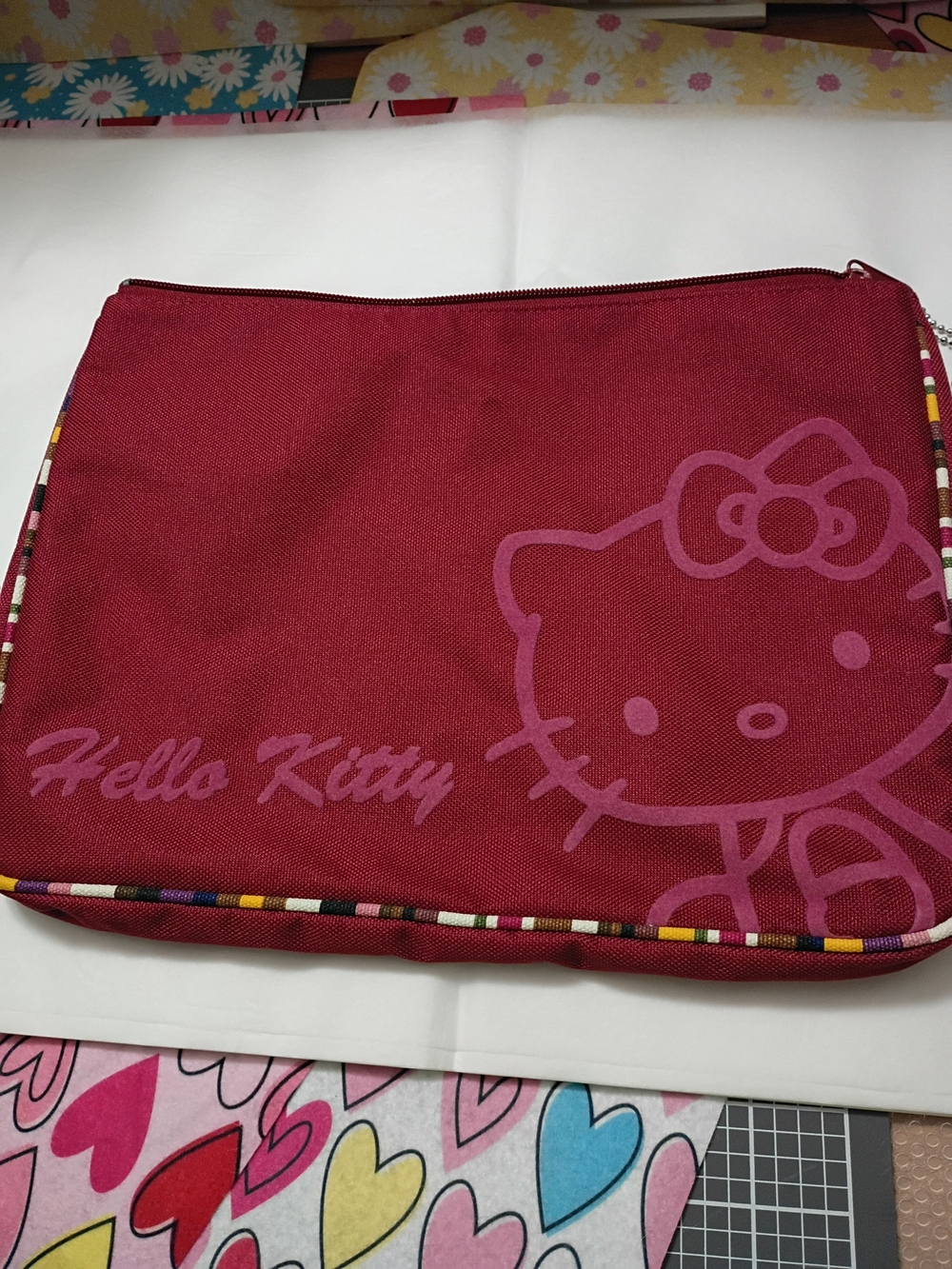Hello Kitty Burgundy Red Zip Pouch with Multicolor Trim
